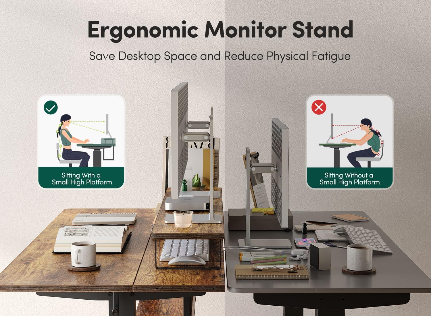 48" Electric Height Adjustable Standing Desk with Double Shelves, 48 X 24 Inch Home Office Desk with Monitor Stand and Storage, Sit Stand Rising Desk, Rustic