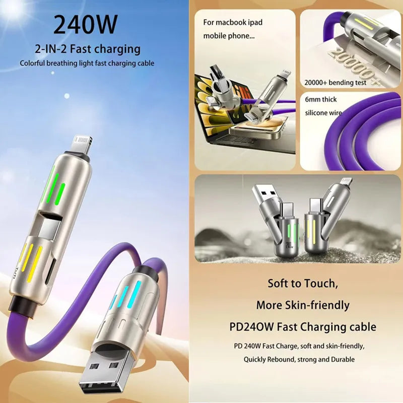 240W 4 in 1 Functional Super Fast Charge USB Type C Liquid Silicone Aluminum Alloy Data Cable for Iphone Huawei Samsung Xiaomi