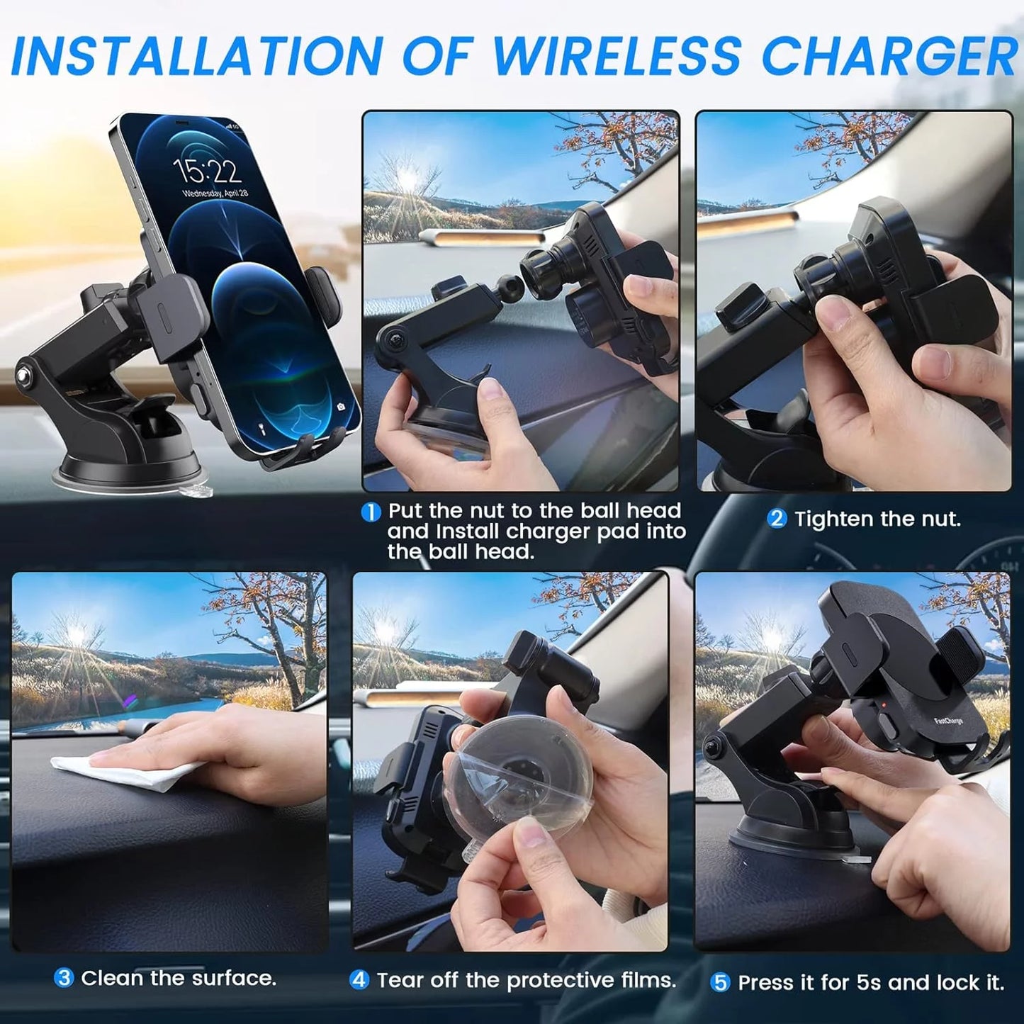 15W Wireless Car Charger Phone Mount Fast Charging Auto Clamping Phone Holder for Iphone 15 14Pro Max, Samsung Galaxy S23 Ultra S22 S21 Note 9-Black