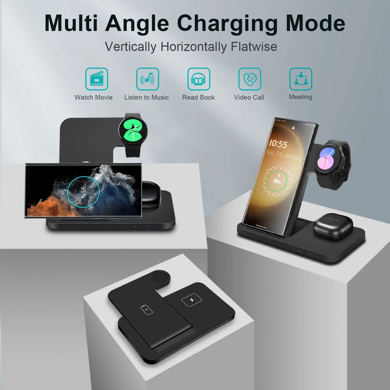 3 in 1 Wireless Charger Stand 15W Charging Station Foldable for Samsung Galaxy S23/S22/S21/S20 Ultra/S10/S9/S8 Plus,Note 20/10, Galaxy Buds, Galaxy Watch 6/5 Pro/5/4/3/Active 2/1, Black