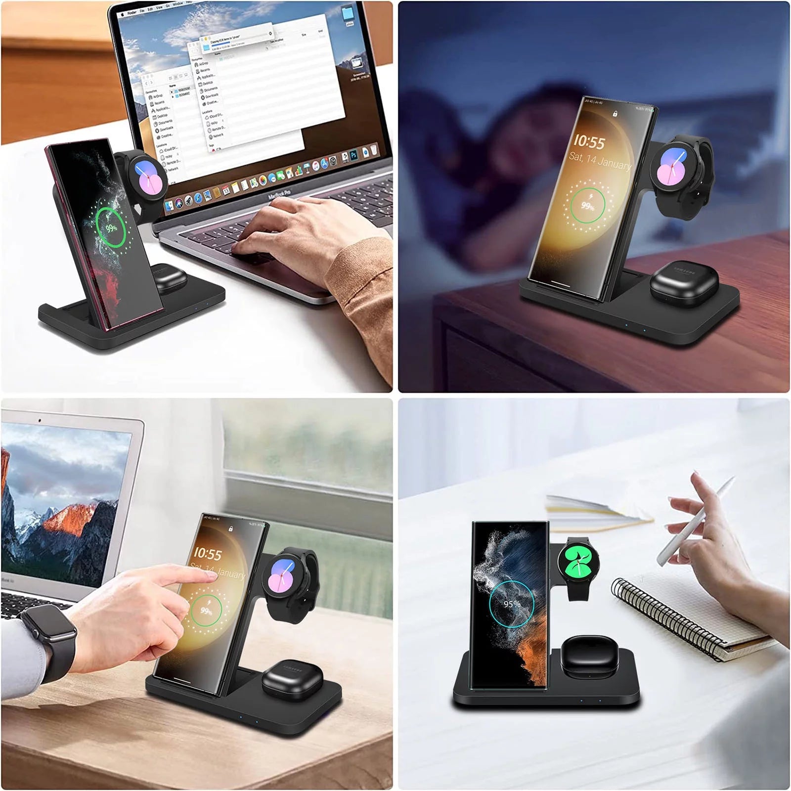 3 in 1 Wireless Charger Stand 15W Charging Station Foldable for Samsung Galaxy S23/S22/S21/S20 Ultra/S10/S9/S8 Plus,Note 20/10, Galaxy Buds, Galaxy Watch 6/5 Pro/5/4/3/Active 2/1, Black