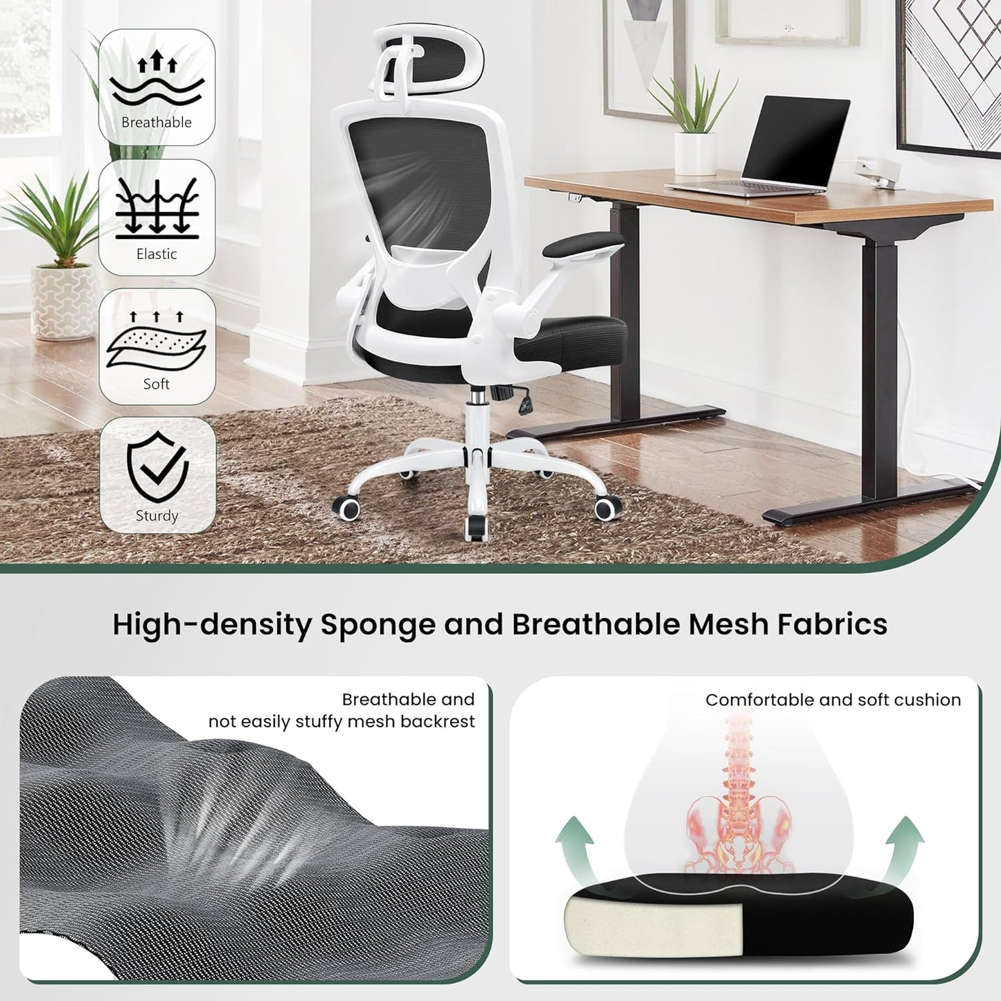 Ergonomic Office Chair, Breathable Mesh Desk Chair, Lumbar Support Computer Chair with Headrest and Flip-Up Arms, Swivel Task Chair, Adjustable Height Gaming Chair, White