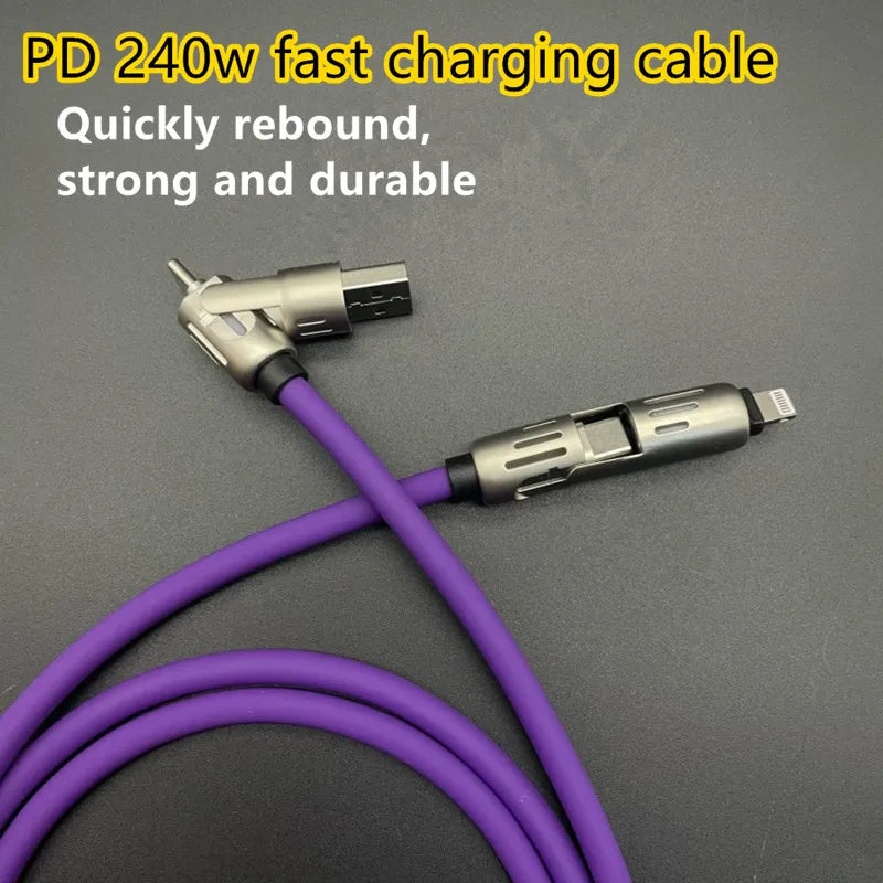 240W 4 in 1 Functional Super Fast Charge USB Type C Liquid Silicone Aluminum Alloy Data Cable for Iphone Huawei Samsung Xiaomi