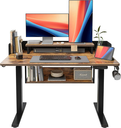 48" Electric Height Adjustable Standing Desk with Double Shelves, 48 X 24 Inch Home Office Desk with Monitor Stand and Storage, Sit Stand Rising Desk, Rustic