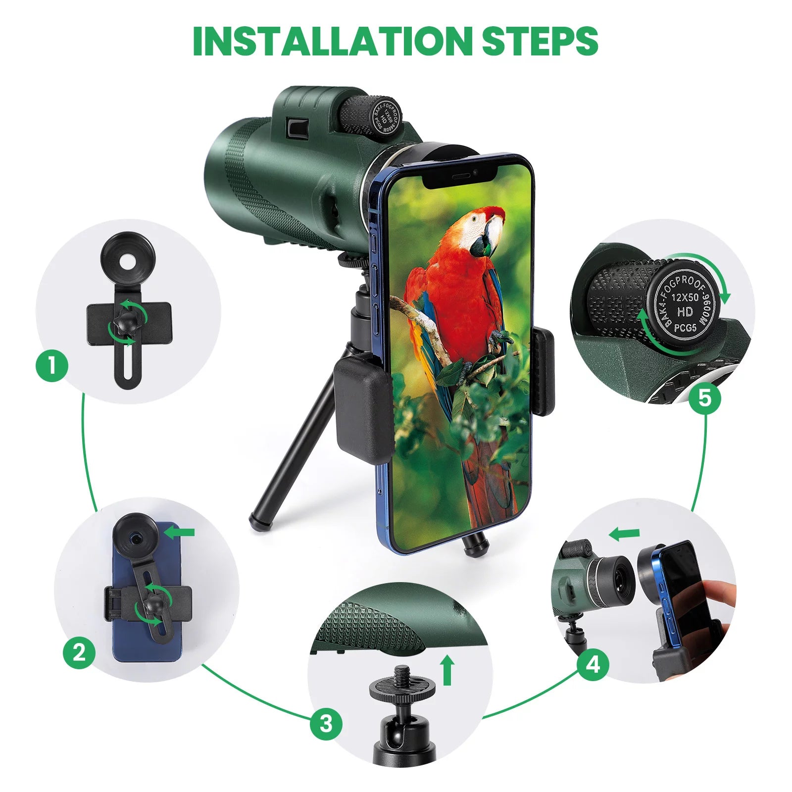 Monocular Telescope, 80X100 HD Monocular Telescope with Smartphone Holder & Tripod, Compact Monoculars for Bird Watching Wildlife Hunting Hiking Travelling